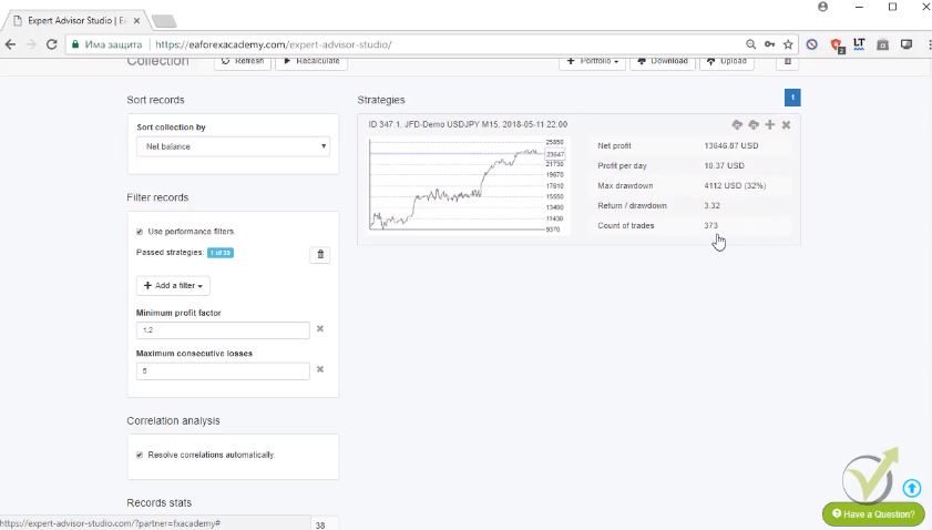 statistics for the trading startegies