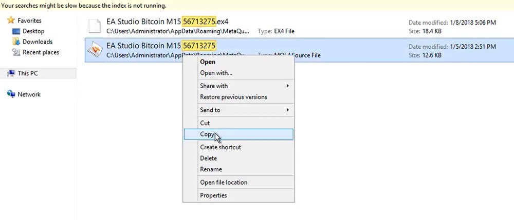 finding a Bitcoin Expert Advisor in the MT4 folder