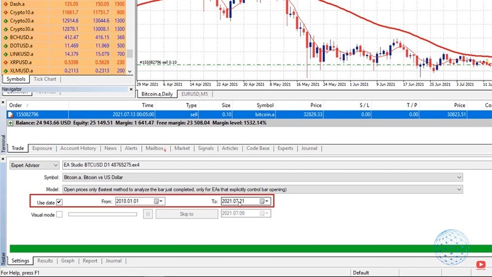 Select the date range for the Bitcoin strategy backtest in MetaTrader
