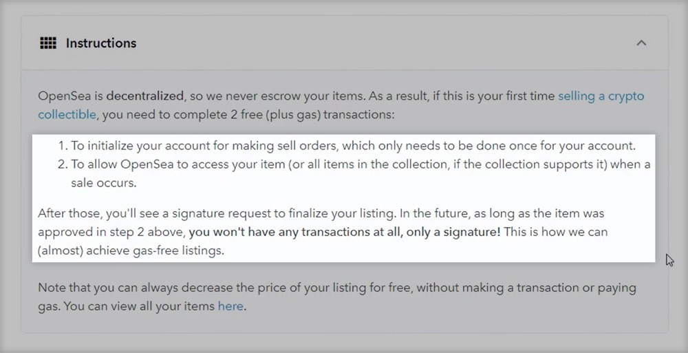 Instructions for selling an NFT