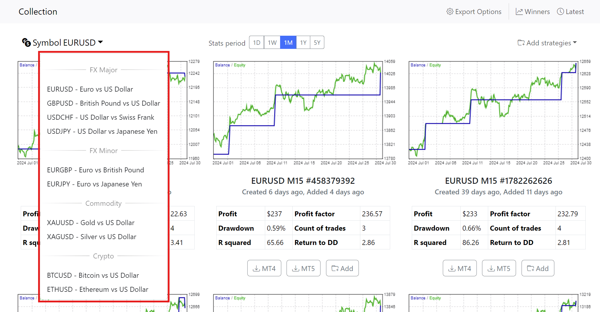 Available pairs and assets in the Top 10 Robots App